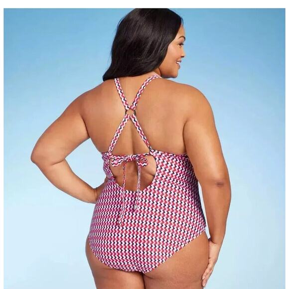 Kona Sol Red & Blue Geo Print Ring Strap Detail One Piece Swimsuit Women’s 20 - Picture 2 of 3